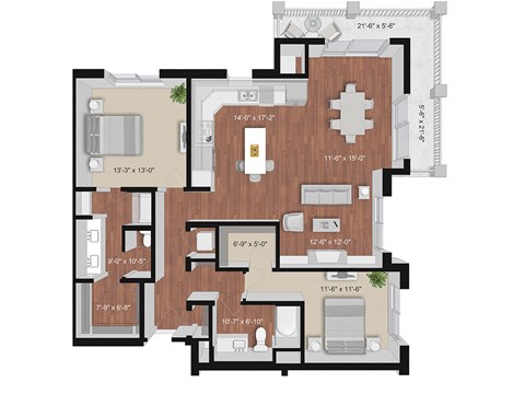 Floor plan for 2 beds, 2 baths, 1359 sqft
